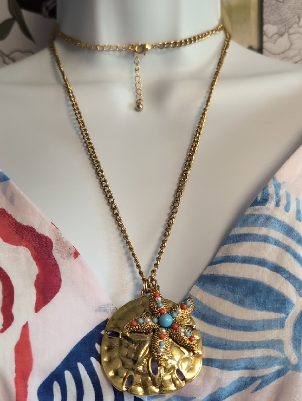 Gold Starfish Pendant Necklace with Turquoise & Coral Accents - Women Jewelry